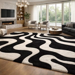 May include: A striking black and white patterned rug dominates the floor of a living room. The rug's wavy design contrasts with the neutral tones of the furniture and the wooden floor. The room features a fireplace and large windows.