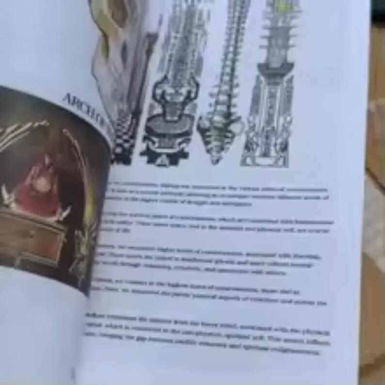 Puede incluir: Una p&aacute;gina de un libro con ilustraciones anat&oacute;micas en blanco y negro de la columna vertebral humana junto a una imagen circular de una figura roja. El texto incluye el encabezado ARCH OF y varios p&aacute;rrafos de texto descriptivo en papel blanco.