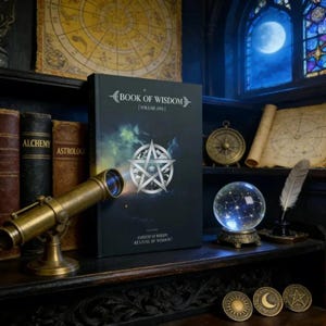Puede incluir: Un libro de tapa dura negro titulado Book of Wisdom Volume One con un pentagrama plateado en la portada. El libro est&aacute; rodeado por un telescopio de lat&oacute;n, una bola de cristal, una pluma, una br&uacute;jula y tres monedas met&aacute;licas circulares.