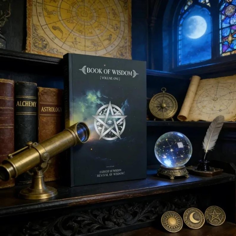 Puede incluir: Un libro de tapa dura negro titulado Book of Wisdom Volume One con un pentagrama plateado en la portada. El libro est&aacute; rodeado por un telescopio de lat&oacute;n, una bola de cristal, una pluma, una br&uacute;jula y tres monedas met&aacute;licas circulares.