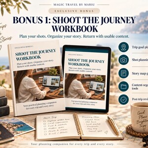 May include: A digital and physical Shoot the Journey Workbook featuring travel planning tools, trip goal planners, and story map prompts. The set includes a notebook with handwritten itinerary ideas, a passport, a camera, and a mug with travel text.