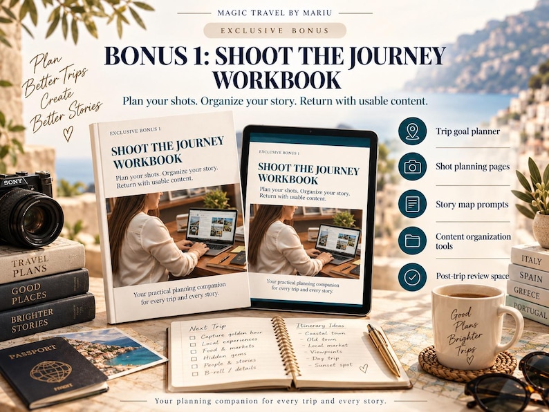 May include: A digital and physical Shoot the Journey Workbook featuring travel planning tools, trip goal planners, and story map prompts. The set includes a notebook with handwritten itinerary ideas, a passport, a camera, and a mug with travel text.