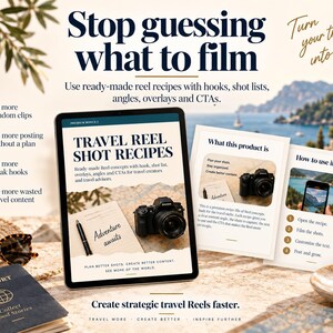 May include: A digital tablet displaying Travel Reel Shot Recipes with a camera and notebook graphic, alongside two printed cards explaining the product. The scene includes a passport, sunglasses, and a coffee mug on a table with a coastal background.