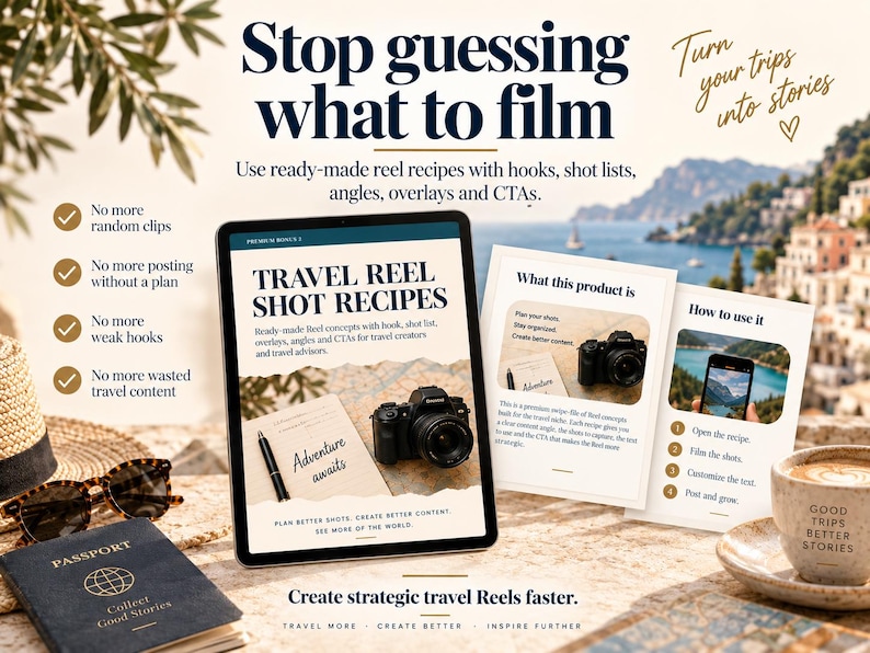 May include: A digital tablet displaying Travel Reel Shot Recipes with a camera and notebook graphic, alongside two printed cards explaining the product. The scene includes a passport, sunglasses, and a coffee mug on a table with a coastal background.
