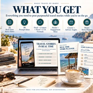 May include: A digital product set titled Magic Travel by Mariu featuring a laptop displaying travel story templates, a printed story planner, and a story flow example. The set includes 25 story flows, 30 prompt ideas, engagement stickers, and a bonus planner.