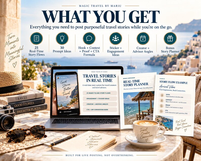 May include: A digital product set titled Magic Travel by Mariu featuring a laptop displaying travel story templates, a printed story planner, and a story flow example. The set includes 25 story flows, 30 prompt ideas, engagement stickers, and a bonus planner.