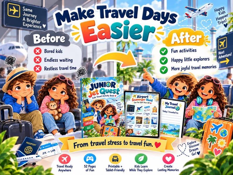 May include: A Junior Jet Quest kids travel activity book featuring an airport scavenger hunt and travel journal. The graphic shows a before and after comparison of travel experiences with illustrations of children, airplanes, and travel icons.