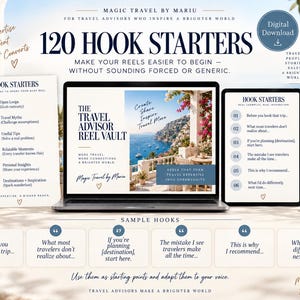 May include: A digital download product display featuring 120 Hook Starters for travel advisors. The image shows a laptop and tablet screen displaying text about a travel advisor reel vault, alongside printed lists of hook ideas and two mugs.