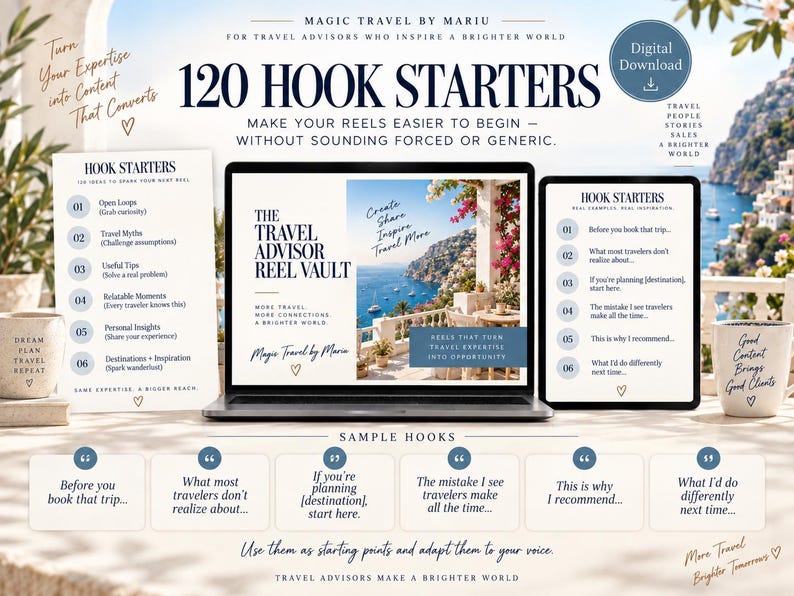 May include: A digital download product display featuring 120 Hook Starters for travel advisors. The image shows a laptop and tablet screen displaying text about a travel advisor reel vault, alongside printed lists of hook ideas and two mugs.
