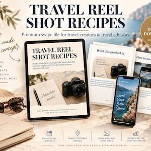 May include: A digital product display featuring a tablet and smartphone showing Travel Reel Shot Recipes. The screen displays text including Adventure awaits, Plan better shots, and Good Views Better Stories. Includes a gold digital download badge.