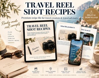 Travel Reel Shot Recipes | 30 Ready-to-Film Reels | Shot Lists, Hooks, Overlays & CTAs | Travel Creator Content Planner