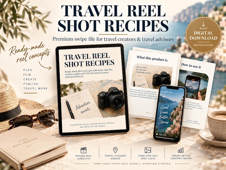 May include: A digital product display featuring a tablet and smartphone showing Travel Reel Shot Recipes. The screen displays text including Adventure awaits, Plan better shots, and Good Views Better Stories. Includes a gold digital download badge.
