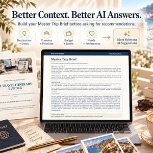 May include: A laptop displaying a Master Trip Brief document, surrounded by a passport, a pen, coffee, sunglasses, and a printed AI Travel Itinerary Builder guide. The text reads Better Context. Better AI Answers and Master Trip Brief.