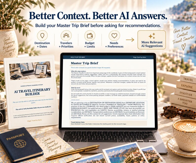 May include: A laptop displaying a Master Trip Brief document, surrounded by a passport, a pen, coffee, sunglasses, and a printed AI Travel Itinerary Builder guide. The text reads Better Context. Better AI Answers and Master Trip Brief.