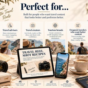 May include: A digital marketing graphic for travel content creators featuring a tablet and smartphone displaying Travel Reel Shot Recipes. The layout includes text headers, icons, and four columns detailing benefits for travel advisors, creators, brands, and travelers.