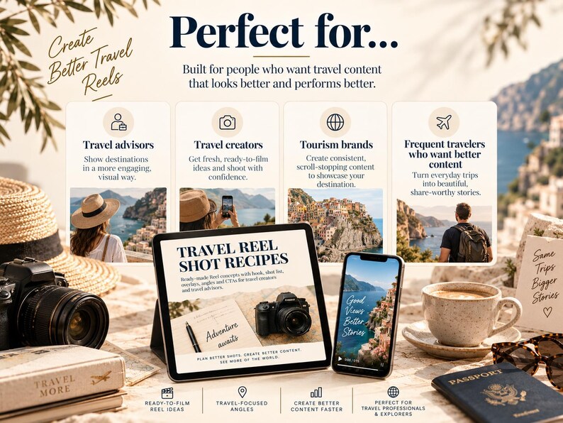 May include: A digital marketing graphic for travel content creators featuring a tablet and smartphone displaying Travel Reel Shot Recipes. The layout includes text headers, icons, and four columns detailing benefits for travel advisors, creators, brands, and travelers.