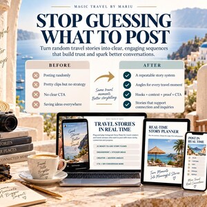 May include: A digital marketing guide titled Magic Travel by Mariu featuring a before and after comparison chart, a laptop, a tablet, and a smartphone displaying travel story planning content, alongside a coffee cup, a camera, and a notebook.