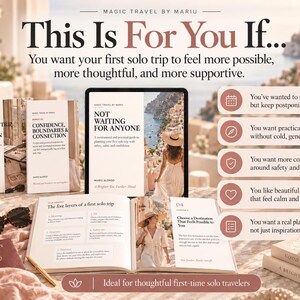May include: A collection of travel planning books and a tablet displaying the title Not Waiting For Anyone by Mariu Alonso. The set includes a First Solo Trip Planning Companion, a Confidence, Boundaries & Connection guide, and an open book.