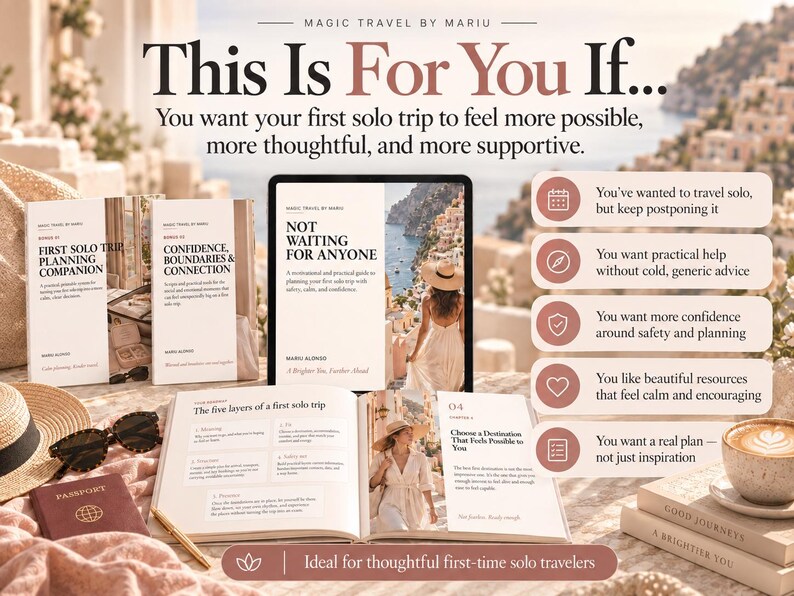 May include: A collection of travel planning books and a tablet displaying the title Not Waiting For Anyone by Mariu Alonso. The set includes a First Solo Trip Planning Companion, a Confidence, Boundaries & Connection guide, and an open book.