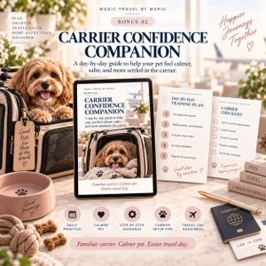 May include: A digital guide titled Carrier Confidence Companion featuring a pet carrier with a dog, a training plan, a checklist, a pink bowl with a paw print, a rope toy, treats, a pen, and a passport on a marble surface with travel-themed text.