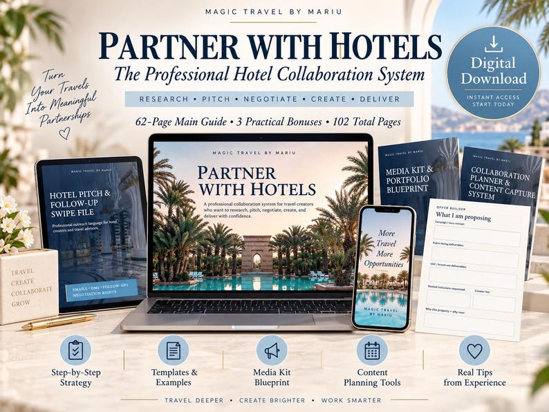 May include: A digital download set titled Partner With Hotels, featuring a laptop, tablet, and smartphone displaying travel collaboration guides. Includes a 62-page main guide, media kit, and collaboration planner with text overlays on a desk.