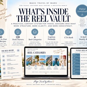 May include: A digital download product for travel advisors titled What's Inside The Reel Vault, featuring a laptop and tablet displaying reel categories and a weekly plan, alongside a printed recipe template, all set against a coastal background.