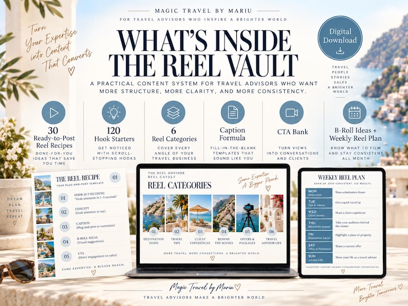 May include: A digital download product for travel advisors titled What's Inside The Reel Vault, featuring a laptop and tablet displaying reel categories and a weekly plan, alongside a printed recipe template, all set against a coastal background.