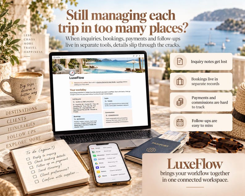 May include: A laptop displaying the LuxeFlow software interface, a smartphone with app icons, a notebook with a to-do list, a stack of books labeled Destinations, Clients, Itineraries, Follow Ups, Explore More, a passport, sunglasses, and a coffee mug.