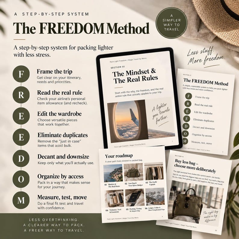 May include: A digital guide titled The FREEDOM Method, featuring a step-by-step system for packing. The document includes sections on mindset, wardrobe editing, and travel organization, illustrated with photos of an airplane window and bags.