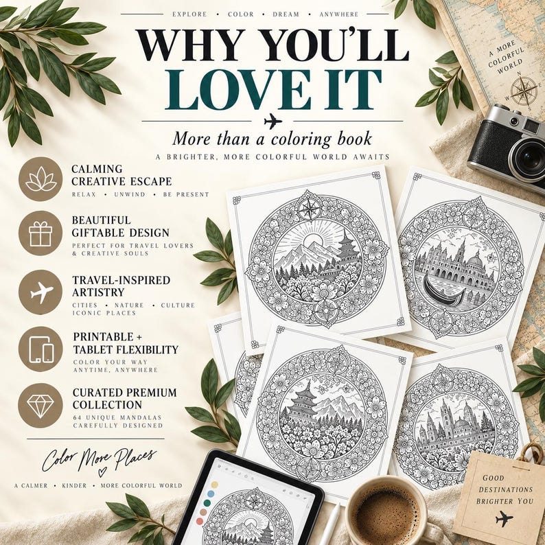 Travel Mandala Coloring Book for Adults | 64 Printable Travel Coloring Pages | PDF + PNG | Digital & Tablet Coloring image 8