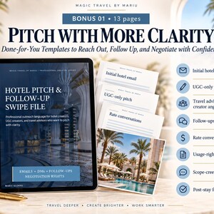 May include: A digital tablet displaying a Hotel Pitch & Follow-Up Swipe File guide, accompanied by printed templates. The text includes titles like Pitch With More Clarity, Initial hotel email, and Rate conversations, alongside icons for email and travel.