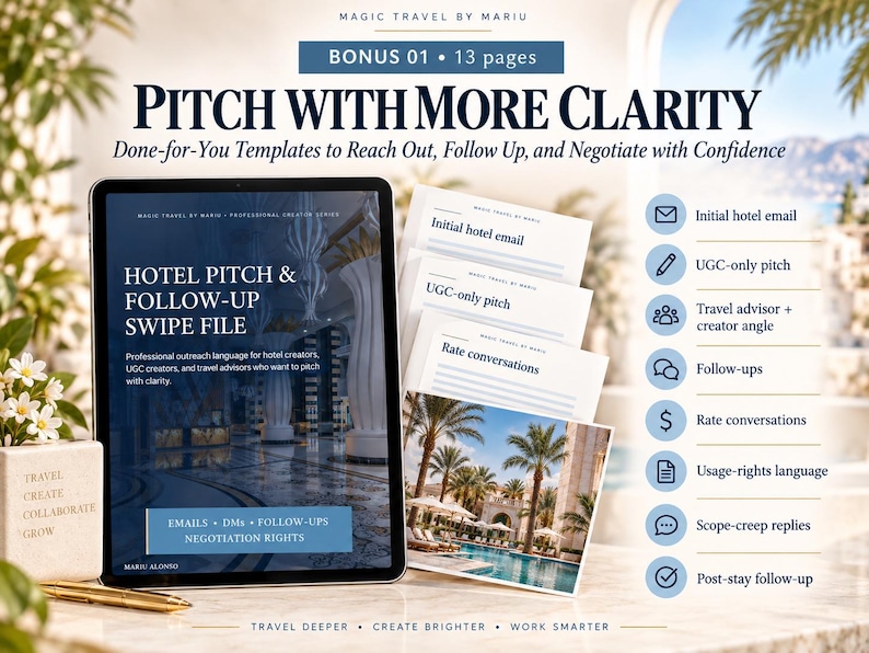May include: A digital tablet displaying a Hotel Pitch & Follow-Up Swipe File guide, accompanied by printed templates. The text includes titles like Pitch With More Clarity, Initial hotel email, and Rate conversations, alongside icons for email and travel.