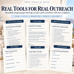 May include: A collection of six white printed documents titled Real Tools for Real Outreach, including a Hotel Research Checklist, Pitch Template, Collaboration Opportunities, Offer Builder, Usage Rights Checklist, and Content Planning Worksheet.