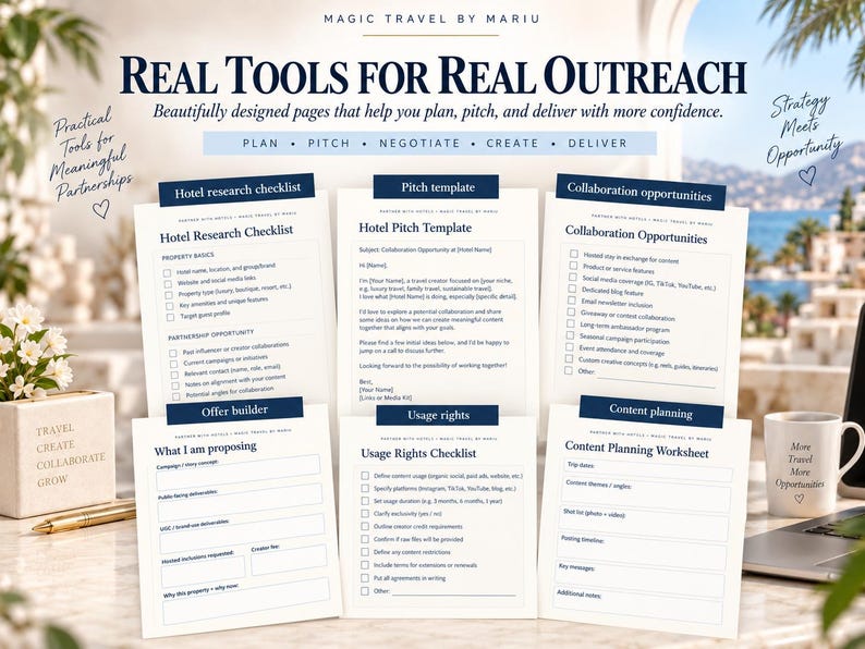 May include: A collection of six white printed documents titled Real Tools for Real Outreach, including a Hotel Research Checklist, Pitch Template, Collaboration Opportunities, Offer Builder, Usage Rights Checklist, and Content Planning Worksheet.