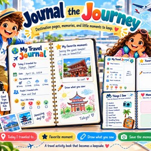 May include: A spiral-bound travel journal titled My Travel Journal featuring pages for recording destinations, dates, weather, and memories. The book includes sections for favorite moments, drawings, and checklists of things seen, illustrated with colorful travel icons.