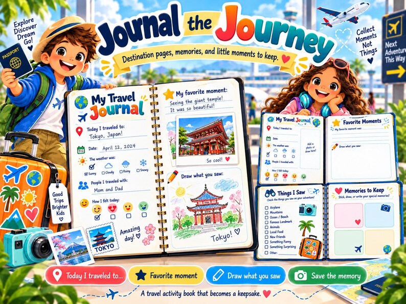 May include: A spiral-bound travel journal titled My Travel Journal featuring pages for recording destinations, dates, weather, and memories. The book includes sections for favorite moments, drawings, and checklists of things seen, illustrated with colorful travel icons.