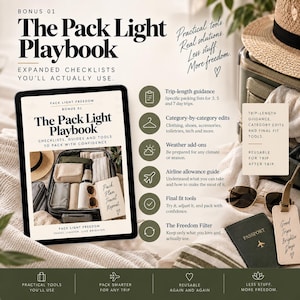 May include: A digital guide titled The Pack Light Playbook featuring travel checklists, trip-length guidance, category edits, weather add-ons, airline allowance guides, and final fit tools. The document includes text about packing with confidence.