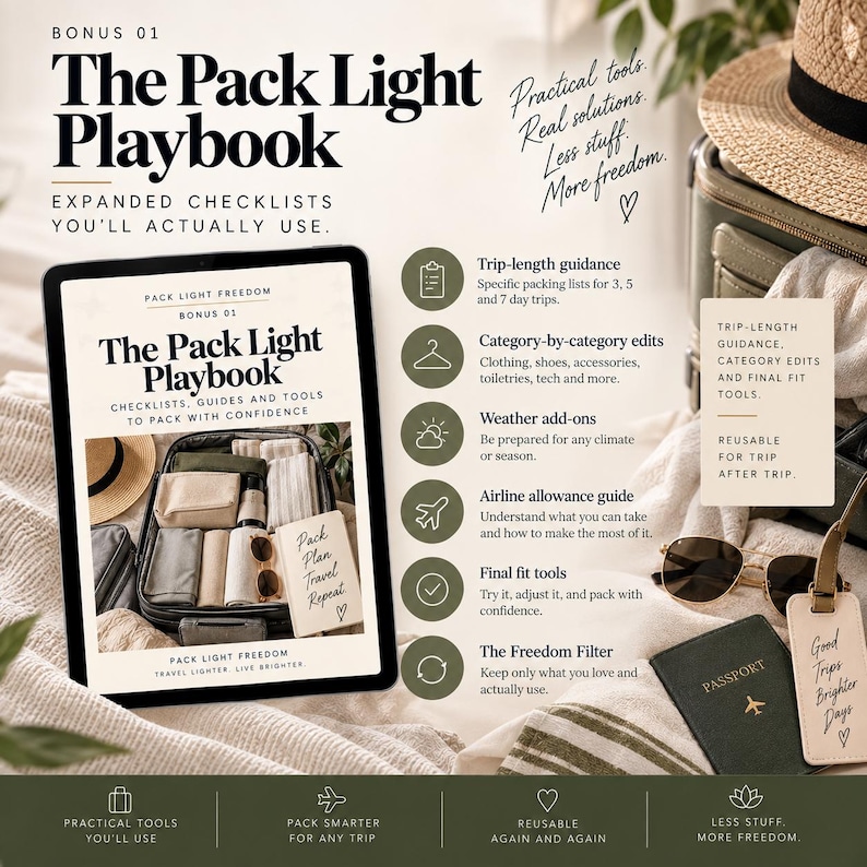 May include: A digital guide titled The Pack Light Playbook featuring travel checklists, trip-length guidance, category edits, weather add-ons, airline allowance guides, and final fit tools. The document includes text about packing with confidence.