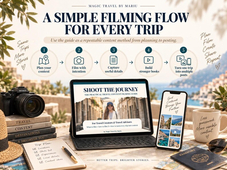 May include: A digital guide titled A Simple Filming Flow For Every Trip displayed on a tablet and smartphone, featuring a five-step process for travel content creation. The scene includes a camera, a notebook with a trip plan, and a passport.