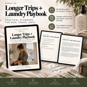May include: A digital guide titled Longer Trips + Laundry Playbook displayed on three tablet screens. The content includes practical planning for travel, laundry refresh cycles, and packing strategies. The text is presented in black on a white background.