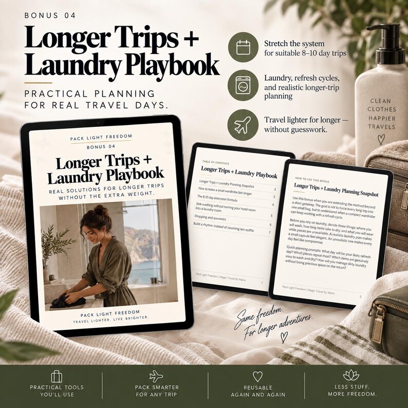May include: A digital guide titled Longer Trips + Laundry Playbook displayed on three tablet screens. The content includes practical planning for travel, laundry refresh cycles, and packing strategies. The text is presented in black on a white background.