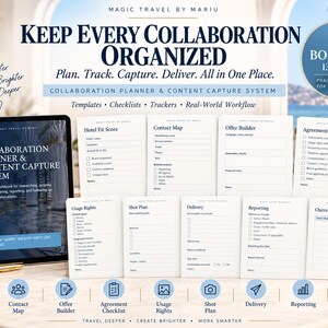 May include: A digital tablet displaying a collaboration planner and content capture system, accompanied by thirteen printed pages of templates, checklists, and trackers including hotel fit scores, contact maps, offer builders, and outreach trackers.