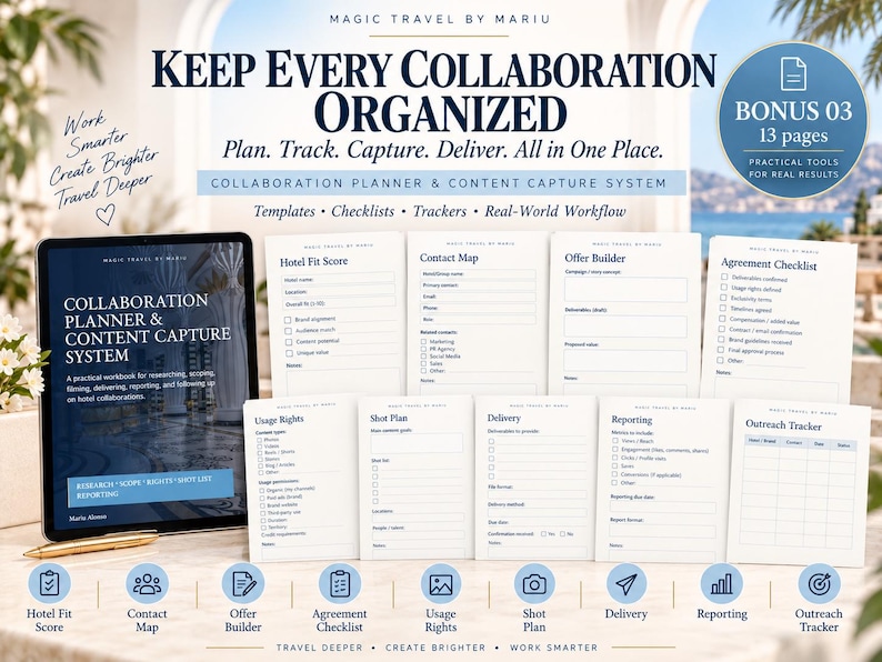 May include: A digital tablet displaying a collaboration planner and content capture system, accompanied by thirteen printed pages of templates, checklists, and trackers including hotel fit scores, contact maps, offer builders, and outreach trackers.
