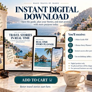 May include: A digital product listing titled Magic Travel by Mariu featuring an instant digital download guide. The display shows a tablet, a smaller tablet, and a smartphone screen with travel imagery, alongside a list of included PDF files.