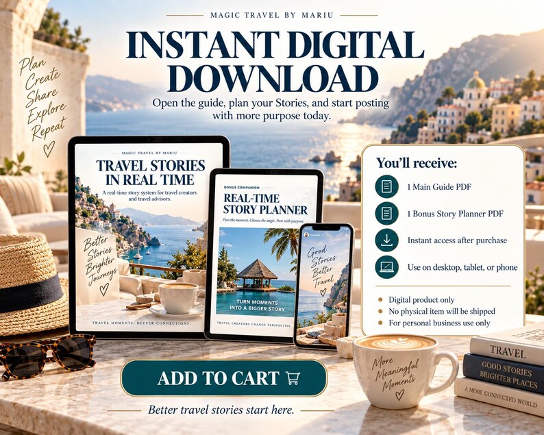 May include: A digital product listing titled Magic Travel by Mariu featuring an instant digital download guide. The display shows a tablet, a smaller tablet, and a smartphone screen with travel imagery, alongside a list of included PDF files.