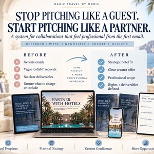 May include: A digital marketing system for travel creators featuring a laptop, tablet, and smartphone displaying professional collaboration templates. Text includes 'STOP PITCHING LIKE A GUEST. START PITCHING LIKE A PARTNER.' and 'BEFORE' versus 'AFTER' comparison lists.