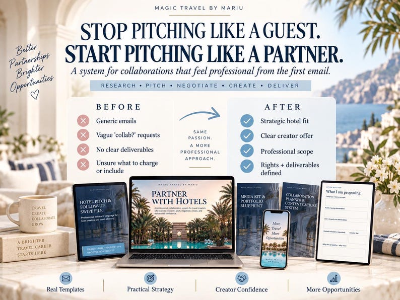 May include: A digital marketing system for travel creators featuring a laptop, tablet, and smartphone displaying professional collaboration templates. Text includes 'STOP PITCHING LIKE A GUEST. START PITCHING LIKE A PARTNER.' and 'BEFORE' versus 'AFTER' comparison lists.