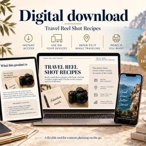 May include: A digital download product for travel content creators featuring a laptop, tablet, and smartphone displaying Travel Reel Shot Recipes. The screens show photography tips, shot lists, and travel imagery alongside a passport and camera.