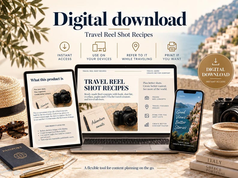 May include: A digital download product for travel content creators featuring a laptop, tablet, and smartphone displaying Travel Reel Shot Recipes. The screens show photography tips, shot lists, and travel imagery alongside a passport and camera.