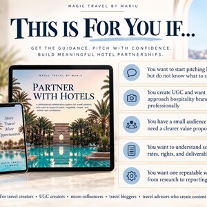 May include: A tablet and smartphone displaying the digital guide Partner With Hotels by Magic Travel by Mariu. The screens show a resort pool and text about travel collaboration. A list of five points outlines professional pitching guidance.